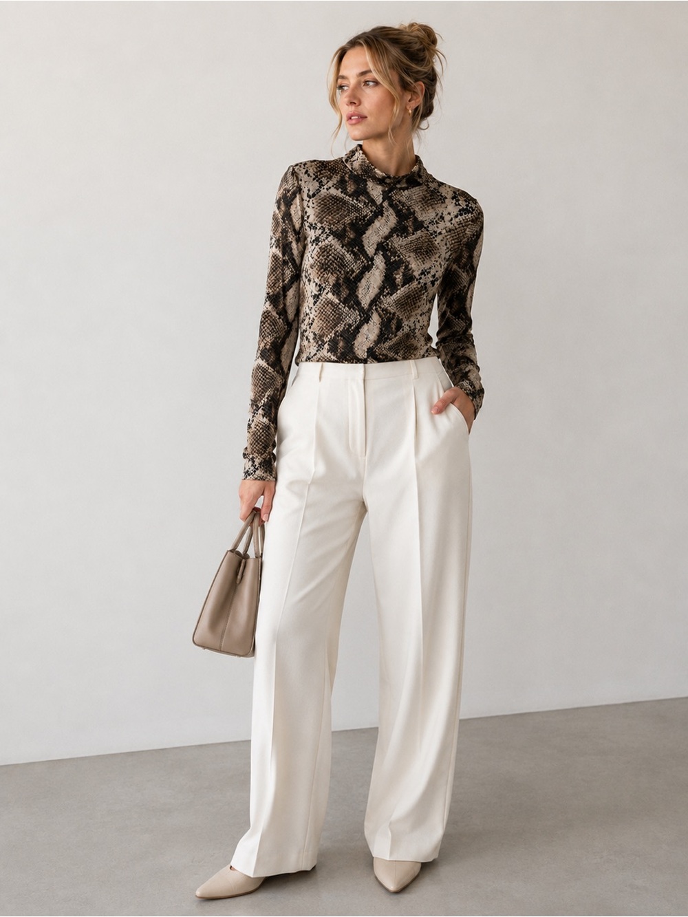 West of Melrose Snake Print Mesh Mock Neck Top - Beige & Brown XS - Picture 3 of 8